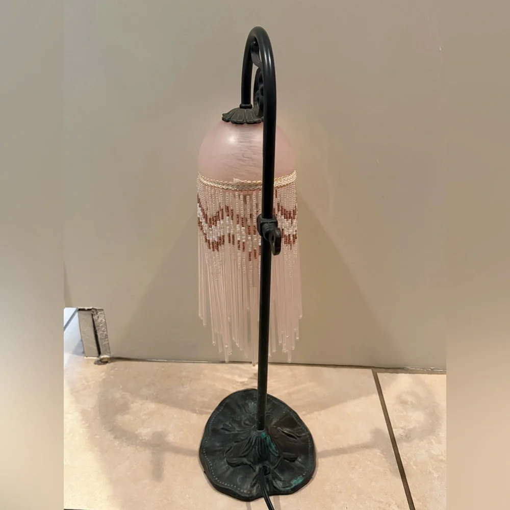Vintage Victorian Style Beaded Glass Boudoir Table Light Lamp, Metal Leaf Base